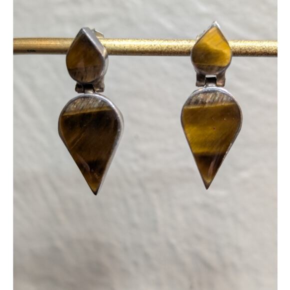 Vintage 925 Sterling Silver Marked Chile Tiger's Eye Hinged Dangle Post Earrings - Picture 7 of 8